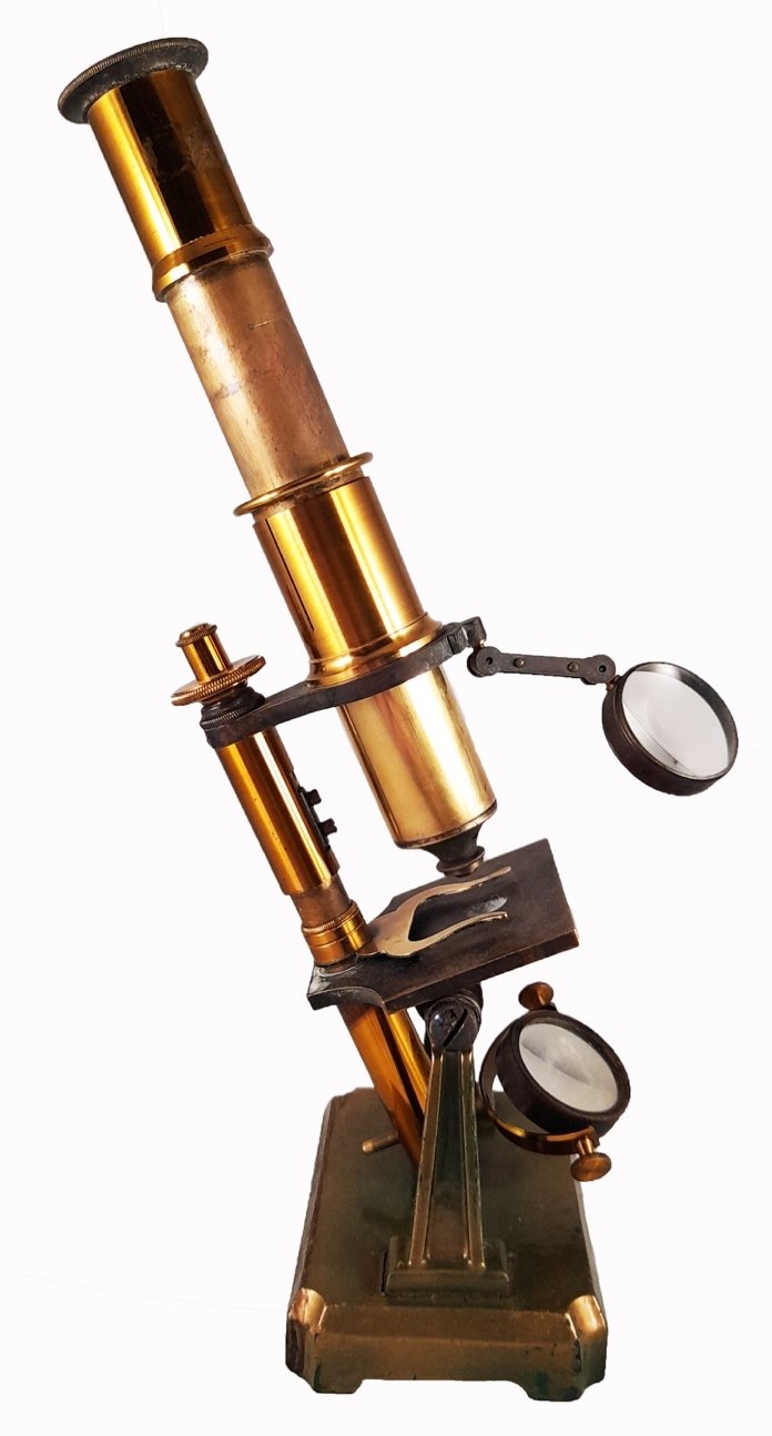 Microscope 163 (unknown maker; double pillar French microscope; c. 1900)