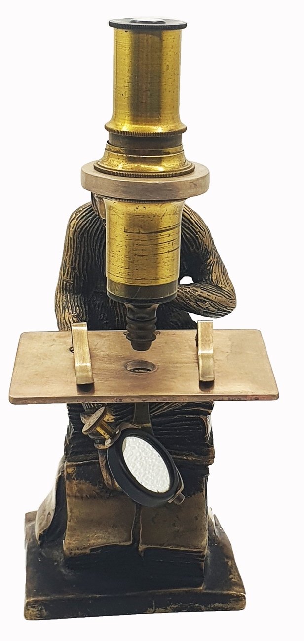 Microscope Statue A statue of a monkey holding a microscopeDescription automatically ...