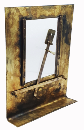 A mirror with a metal frame
Description automatically generated
