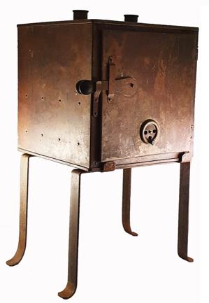A brown metal box with a handle
Description automatically generated