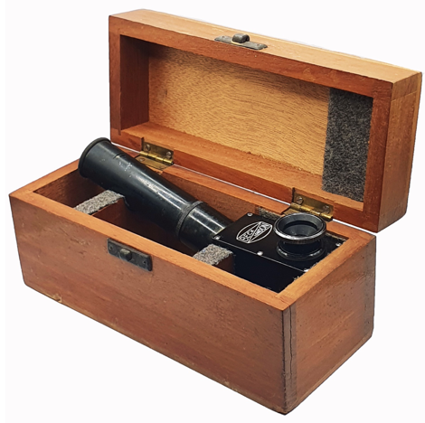A wooden box with a telescope inside
Description automatically generated
